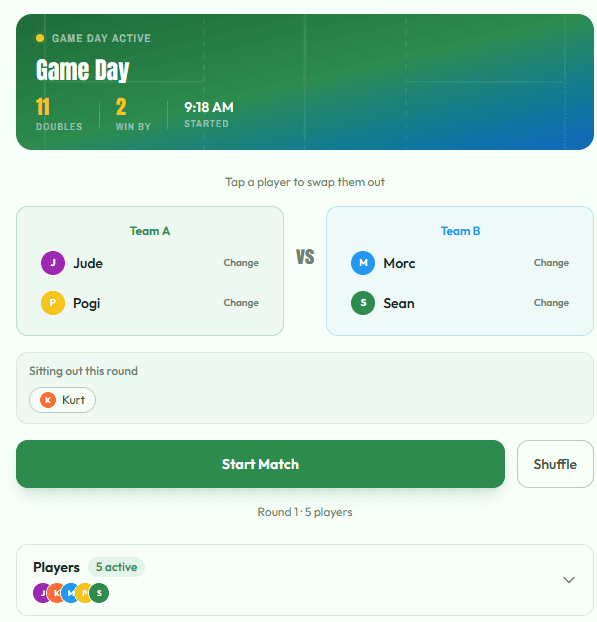 DinkDay fair rotations showing court matchups and bench queue